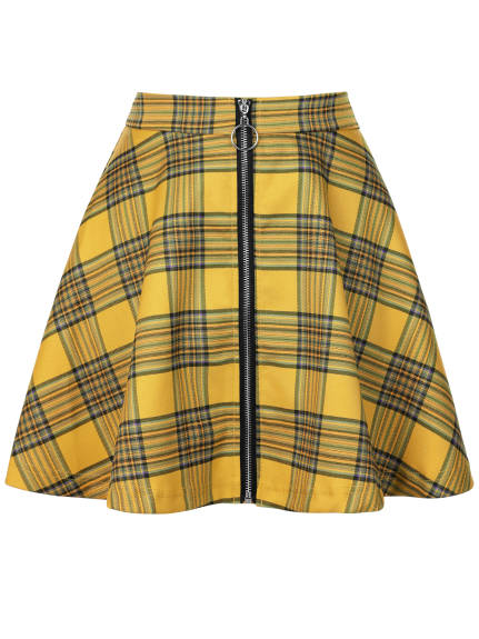 Allegra K- Plaid Zip-Up A-Line Flare Mini Skirt