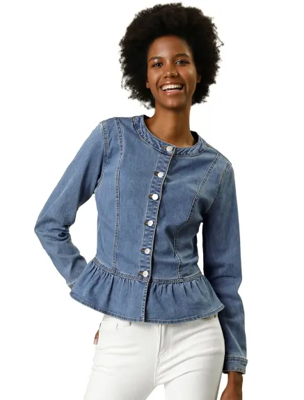 Allegra K - Veste en jean délavée courte à ourlet volanté