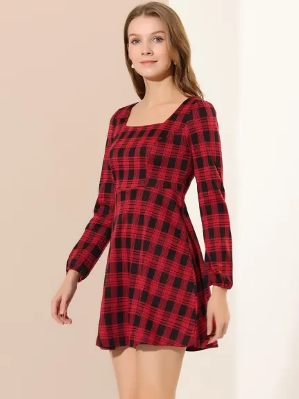 Allegra K- Square Neck Long Sleeve A-Line Plaid Dress