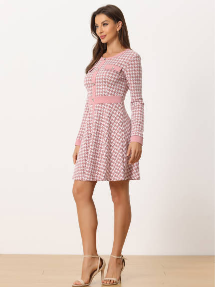 Allegra K- Houndstooth Plaid Contrast Color Crew Neck Button Front Dress