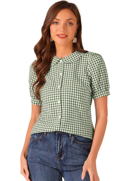 Allegra K - Puff Sleeve Peter Pan Collar Gingham Shirt