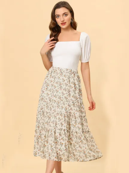 Allegra K- Floral Tiered A-Line Long Chiffon Skirt