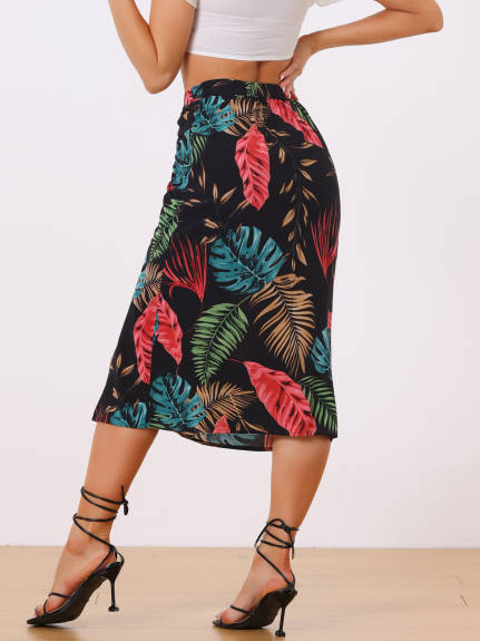 Allegra K- Flowy Ruched Front Floral Midi Skirt