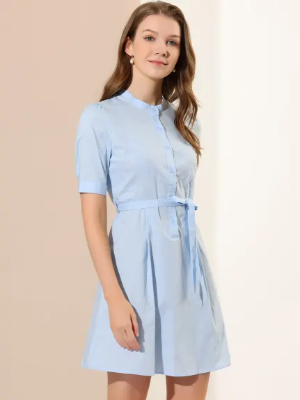 Allegra K- Short Sleeve Belted Skater Shirt Dress