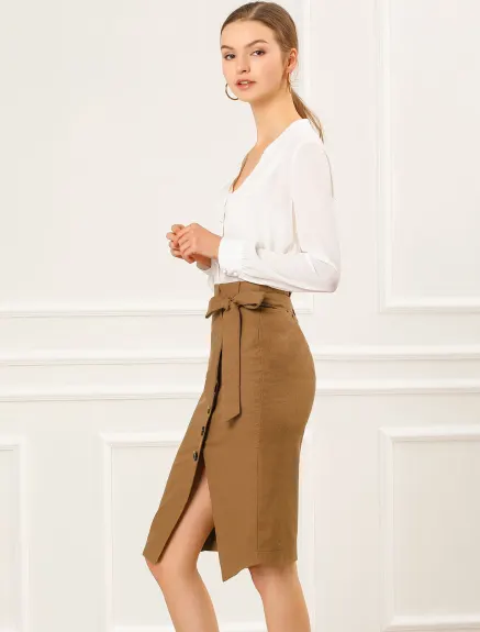 Allegra K - Button Decor Split Belted Pencil Skirt