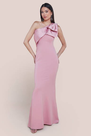 Goddiva - One Shoulder Satin Bow Scuba Crepe Maxi Dress