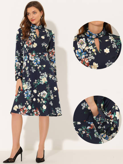 Allegra K- Mock Neck Long Sleeve Floral Satin Midi Dress