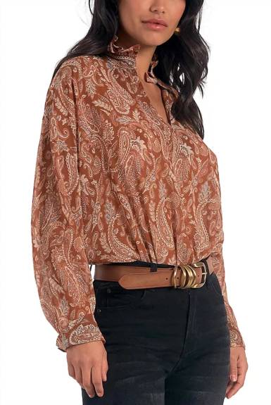 ELAN - Sheer Curry Paisley Long Sleeve Blouse Shirt