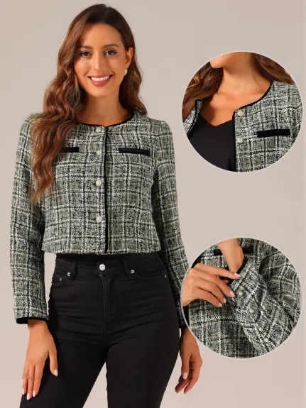 Allegra K- veste courte à carreaux en Tweed