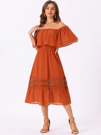 Allegra K- Off The Shoulder Ruffle Sleeve Lace Insert Beach Chiffon Midi Dress