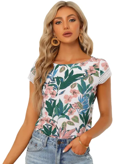 Allegra K- Tropical Boho Crochet Cap Sleeve Top