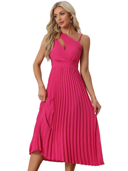 Allegra K- Pleated One Shoulder Cinched Waist Dress