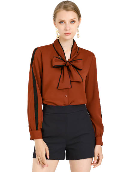 Allegra K- Tie Bow Neck Contrast Trim Blouse