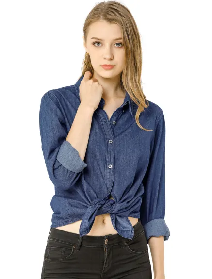 Allegra K- Chemise en jean boutonnée à manches longues