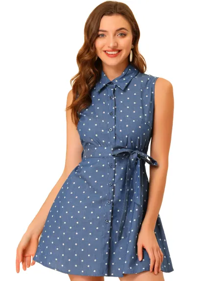 Allegra K- Polk Dots Tie Waist Sleeveless Shirt Dress