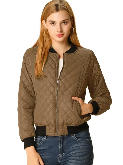 Allegra K- Stand Collar Raglan Sleeve Quilted Bomber Jacket