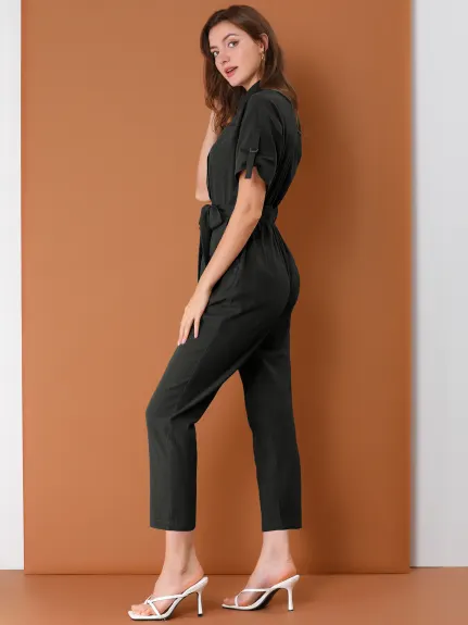 Allegra K- Turndown Collar Button up Tie Waist Cargo Jumpsuit