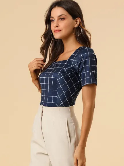 Allegra K- Square Neck Plaid Short Sleeve Blouse