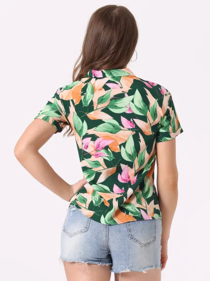 Allegra K- Beach Tropical Floral Leaves Button Down Shirts