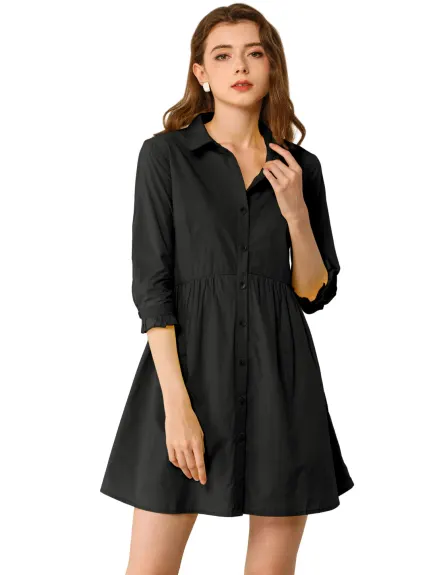 Allegra K- Mini-robe chemise évasée boutonnée à manches 3/4