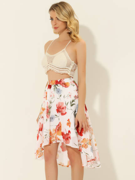 Allegra K- High Low Hem A-Line Midi Floral Skirt