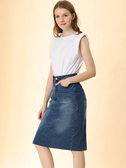 Allegra K- High Waist Back Slit Stretch Denim Skirt