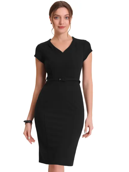 Allegra K- V Neck High Waist Cap Sleeve Sheath Dress