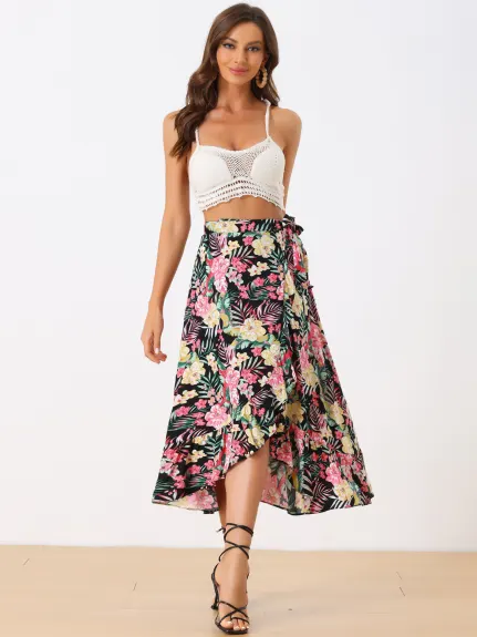 Allegra K- Self Tie Split Ruffle Wrap Midi Skirt