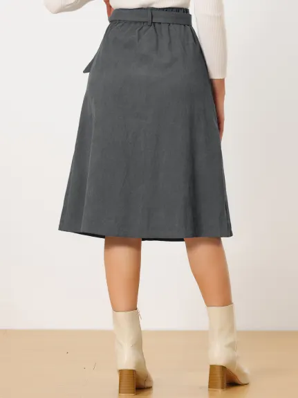 Allegra K - Button Front A-Line Belted Corduroy Skirt