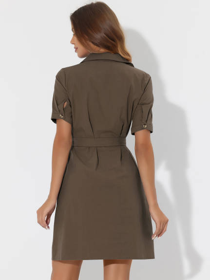 Allegra K- Button Down Safari Pocket Belted Shirt dress