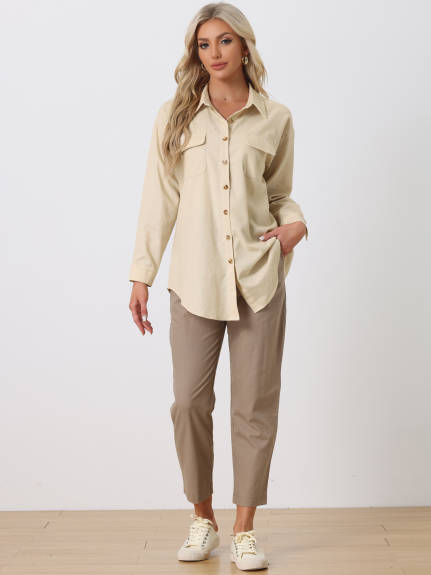 Allegra K- Loose Roll-up Linen Button Top