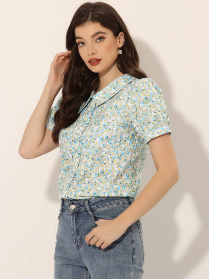 Allegra K- Puff Sleeve Turndown Collar Floral Blouse