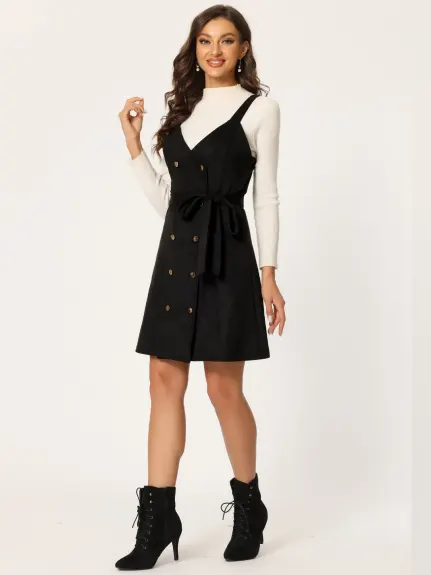 Allegra K- Faux Suede V Neck Button Down Belted Pinafore Overall Dress