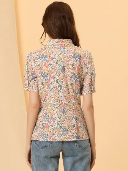 Allegra K- Contrast Trim Puff Sleeve Floral Shirt