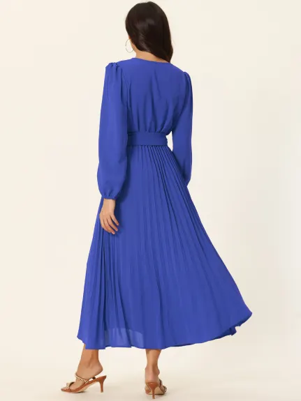 Allegra K- Pleated Puff Long Sleeve V Neck Belt Waist Midi Dress