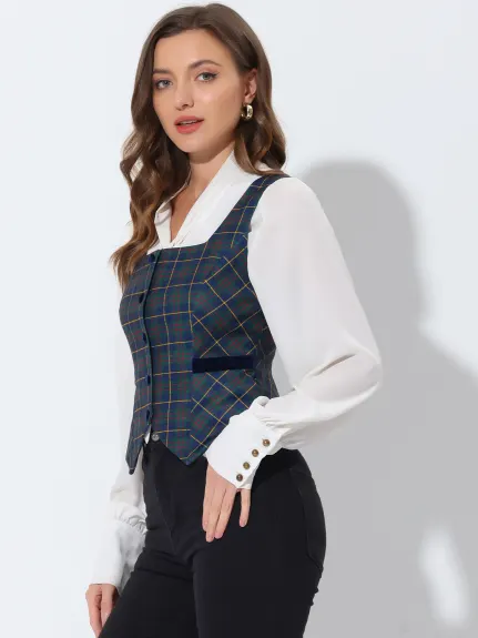 Allegra K- Square Neck Single Breasted Sleeveless Plaid Vest