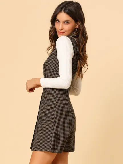 Allegra K- Overalls V-Neck Plaid Houndstooth Pinafore Dress