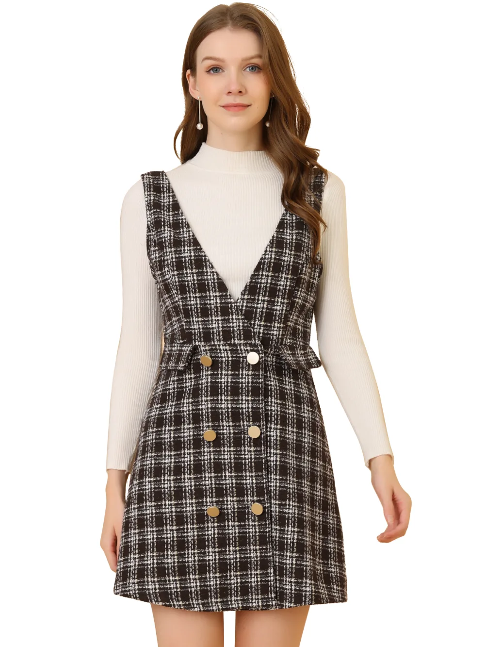 Allegra K - Elegant Button Plaid Tweed Overalls Skirt