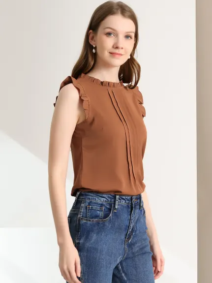 Allegra K- Ruffled Mandarin Collar Sleeveless Pleated Blouse