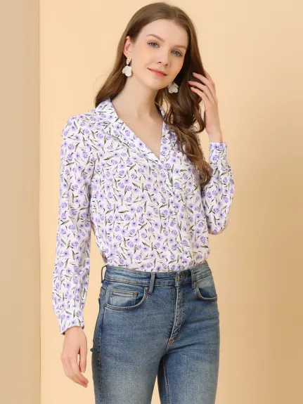 Allegra K- Long Sleeve Printed Button Down Top