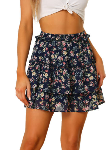 Allegra K- Layered Ruffle Elastic Waist Floral Mini Skirt