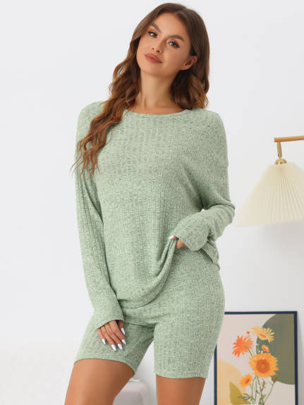 Cheibear - Ribbed Knit Long Sleeve Pajama Set