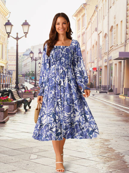 INSPIRE CHIC - Floral Ruffle Hem Smocked Midi Dress