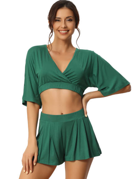 cheibear - V Neck Crop Shirt Shorts Lounge Set