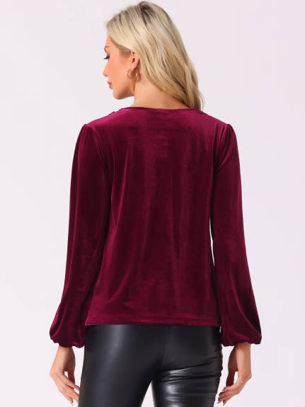 INSPIRE CHIC - Cowl Neck Lantern Long Sleeve Velvet Blouse