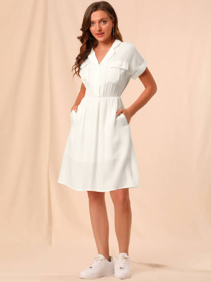 Allegra K- Notched Lapel V-Neck A-Line Shirt Dress