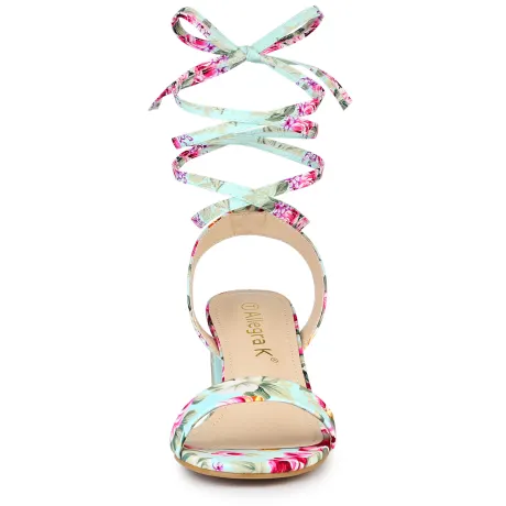 Allegra K - Open Toe Block Mid Heeled Lace Up Sandals