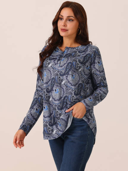 Allegra K - Floral Print Henley V Neck Tunic Top