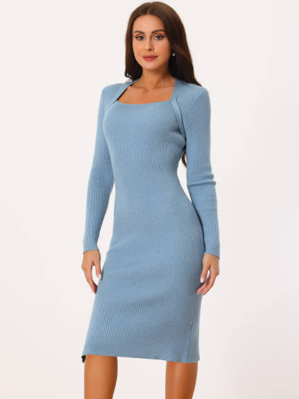 Allegra K - Square Neck Long Sleeve Ribbed Knit Dress