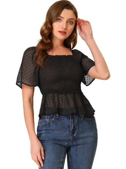 Allegra K- Flare Short Sleeve Crop Smocked Peplum Blouse